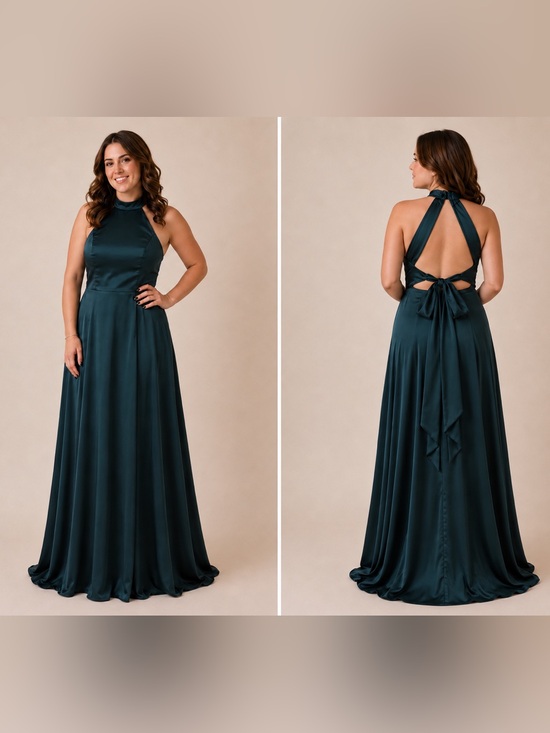 Dresses & Skirts - Women’s Hunter Green Satin Halter Back-Tie Evening Dress